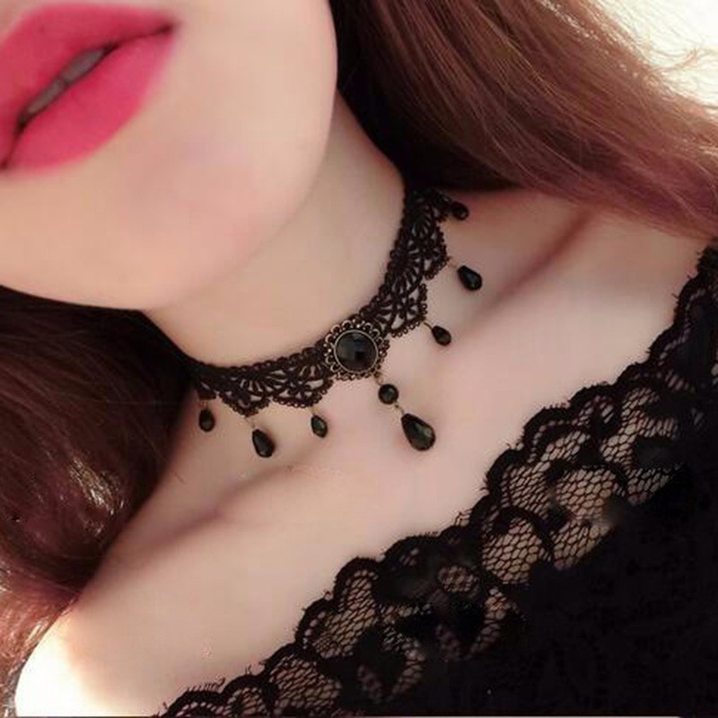 Vòng choker vải ren đính đá đen quyến rũ cho nữ