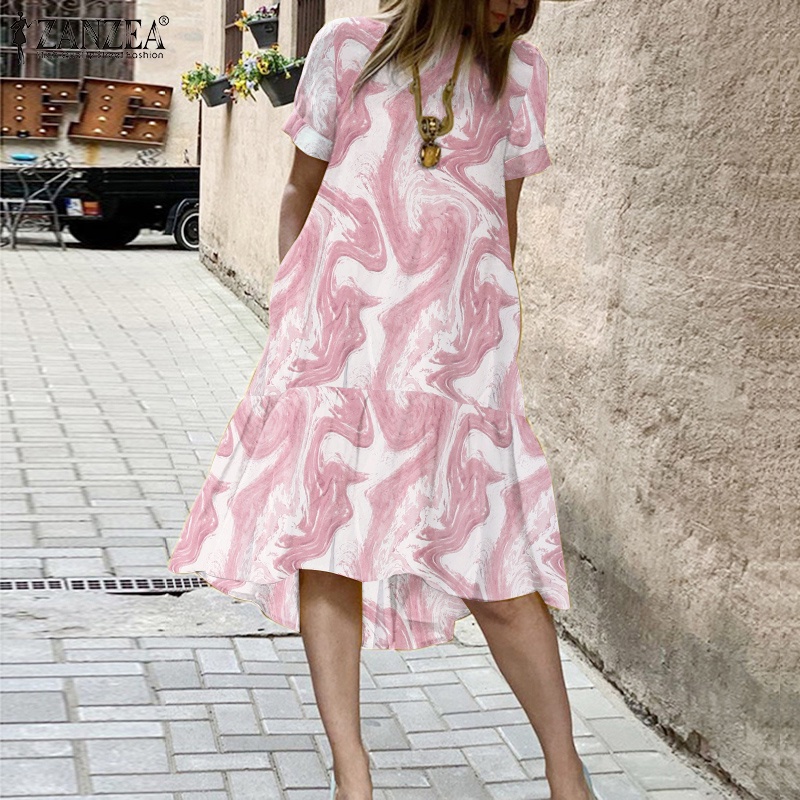 Đầm ZANZEA chữ A tay ngắn cổ tròn thời trang sành điệu dành cho phái nữ