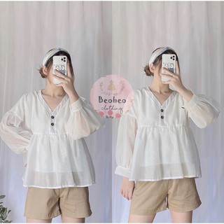 [Ảnh thật] Áo babydoll trắng cổ v tay bo phối nút gỗ dễ thương