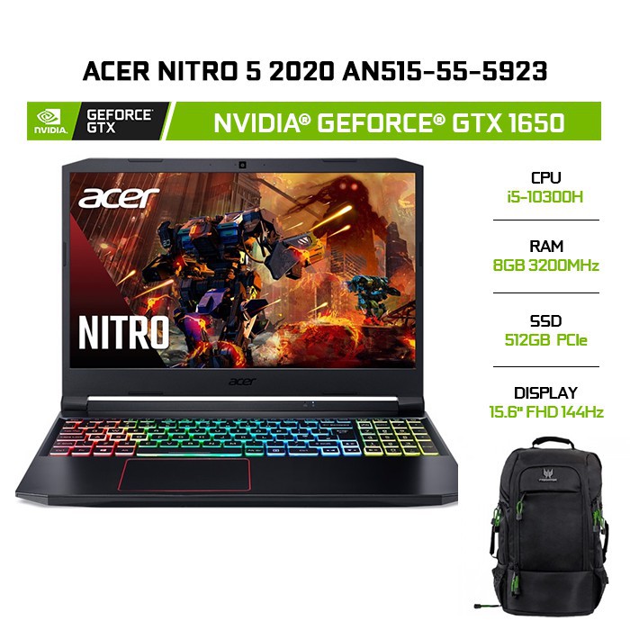 Laptop Acer Nitro 5 2020 AN515-55-5923 i5-10300H | 8GB | 512GB | VGA GTX 1650Ti 4GB | 15.6'' FHD 144Hz | Win 10