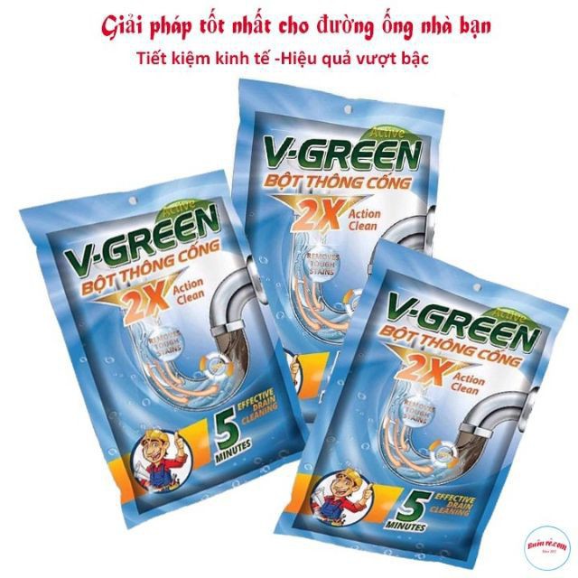 Bột Thông Cống V-GREEN 110G - Thông Tắc Cống, Đường Ống, Bồn Cầu, Bồn Rửa mặt - Xử lý Triệt để cặn bã, chất Hữu Cơ