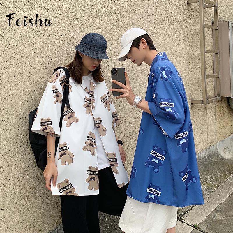 Áo Sơ Mi Tay Ngắn Vải Lụa Lạnh In Hình Gấu Toàn Diện Kiểu Hàn Quốc Cá Tính Cho Cặp Đôi
