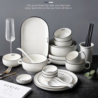 Bộ bát đĩa sứ sọc màu trắng viền đen cao cấp
