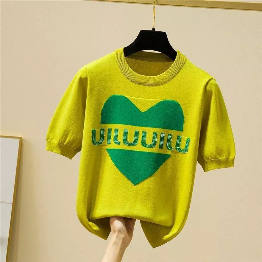 2022 summer new ice silk short sleeved hot diamond letter sweater loose T-shirt women's aging foreign style half sleeved top
