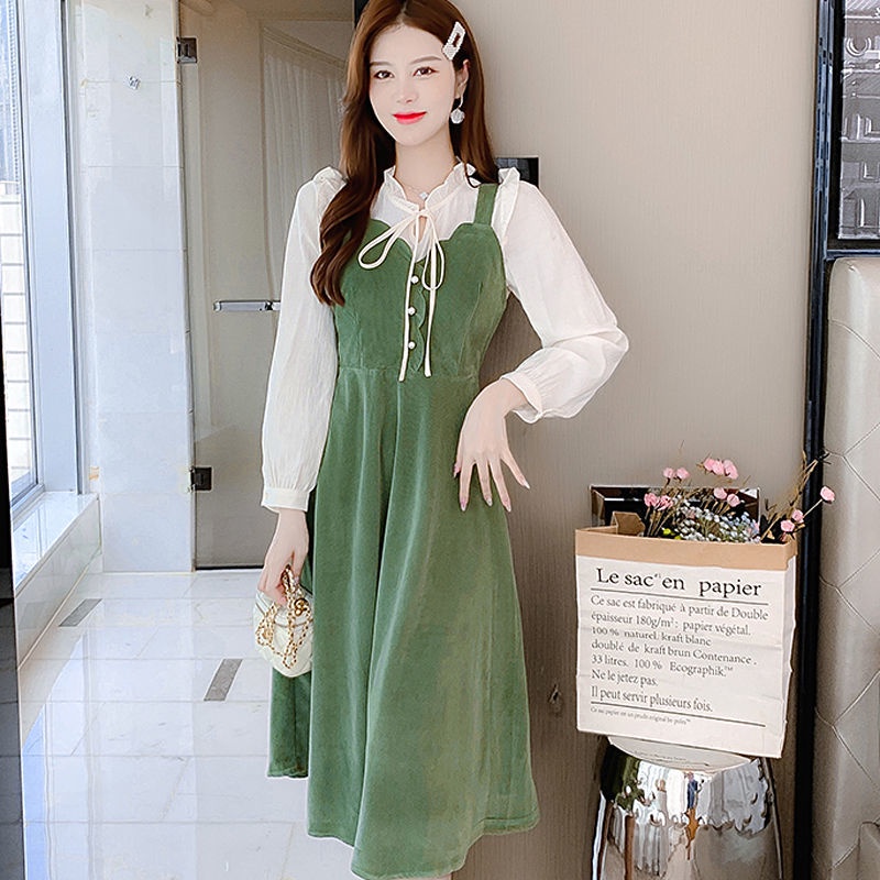 Đầm Cổ Chữ V Màu Trơn Phong Cách Vintage Thời Trang Cho Nữ