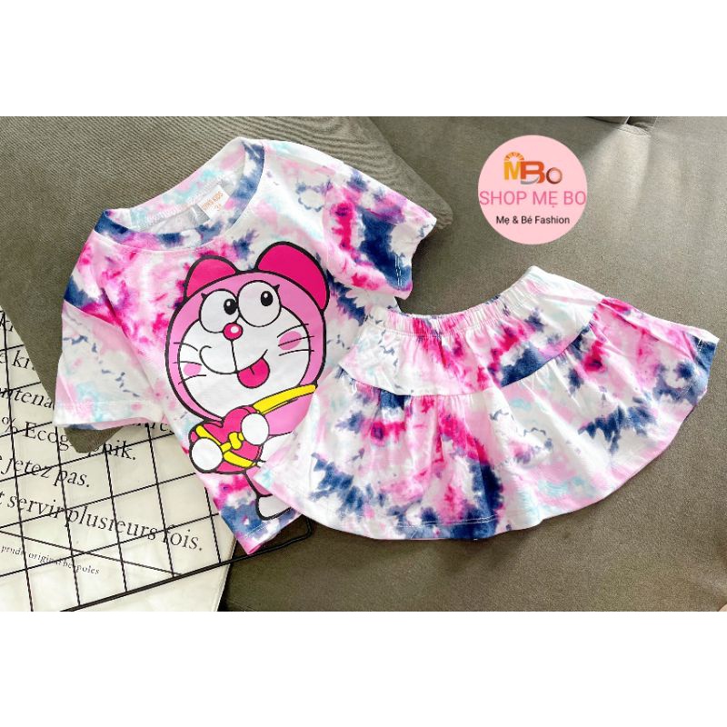 Đồ bộ thun cotton cho bé gái chân váy kèm quần chip in mickey, ngựa pony, mèo kitty