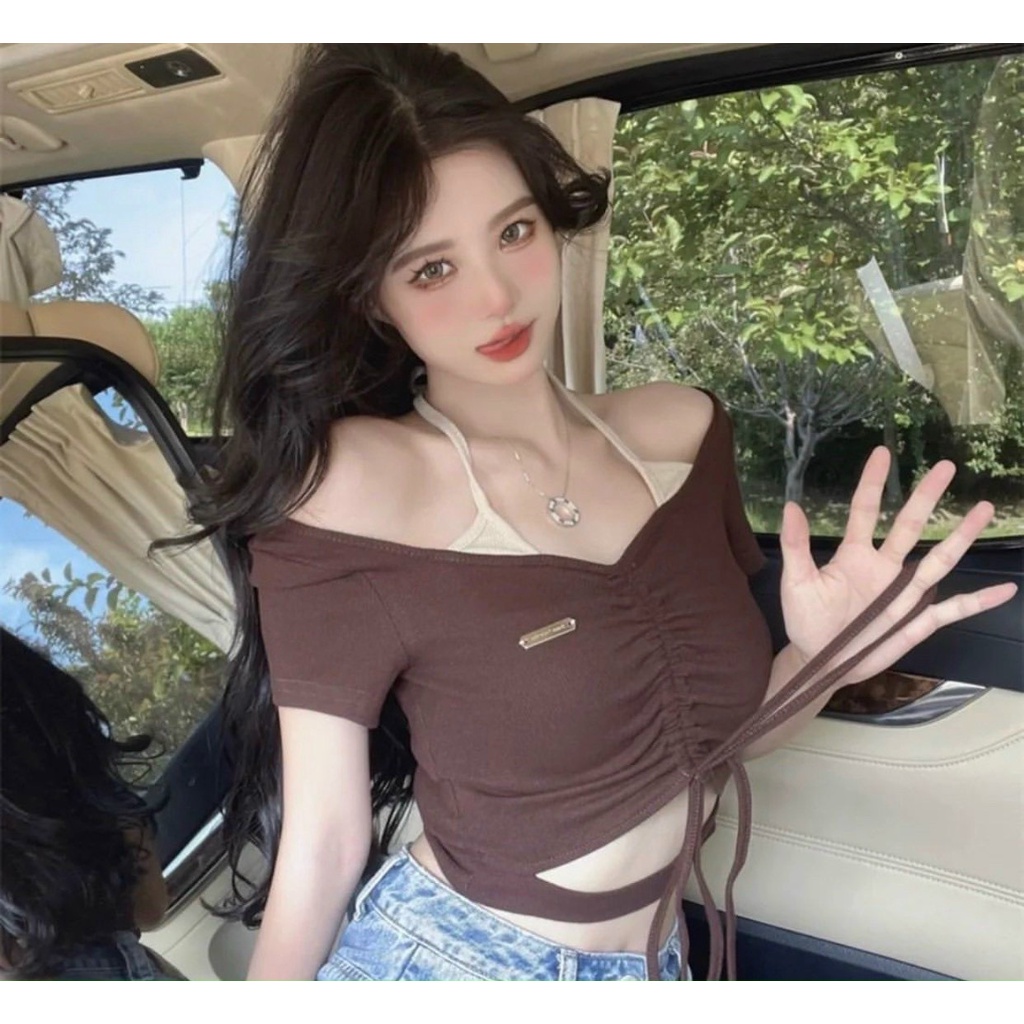 Áo kiểu thun gân croptop tay ngắn rút dây giữa giả yếm cá tính