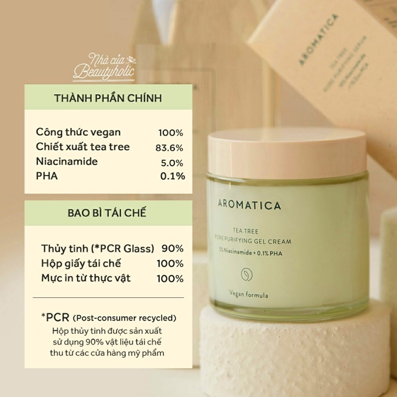 Gel dưỡng thuần chay AROMATICA Tea tree Pore Purifying Gel Cream 5% Niacinamide + 0.1% PHA