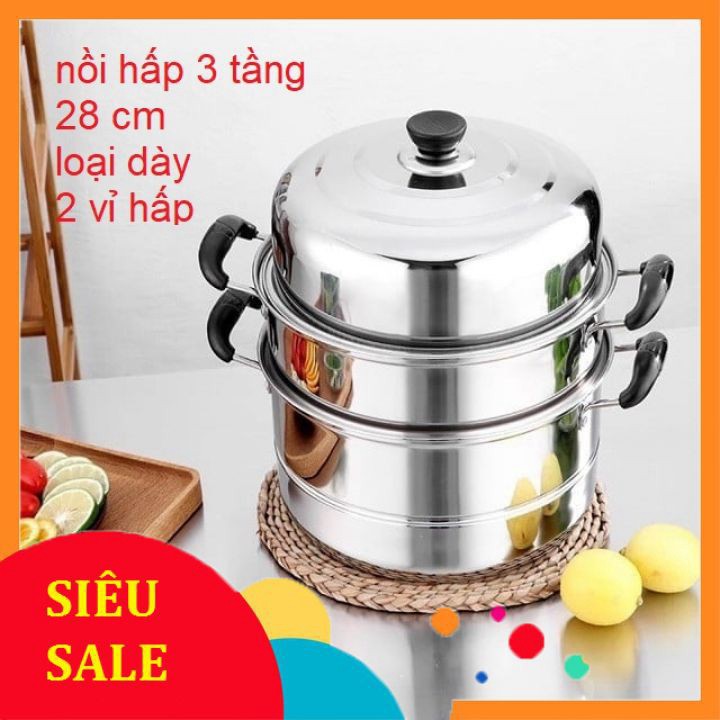 Nồi hấp inox 3  tầng hiện đại kích thước lớn, có thể sử dụng trên mọi loại bếp .