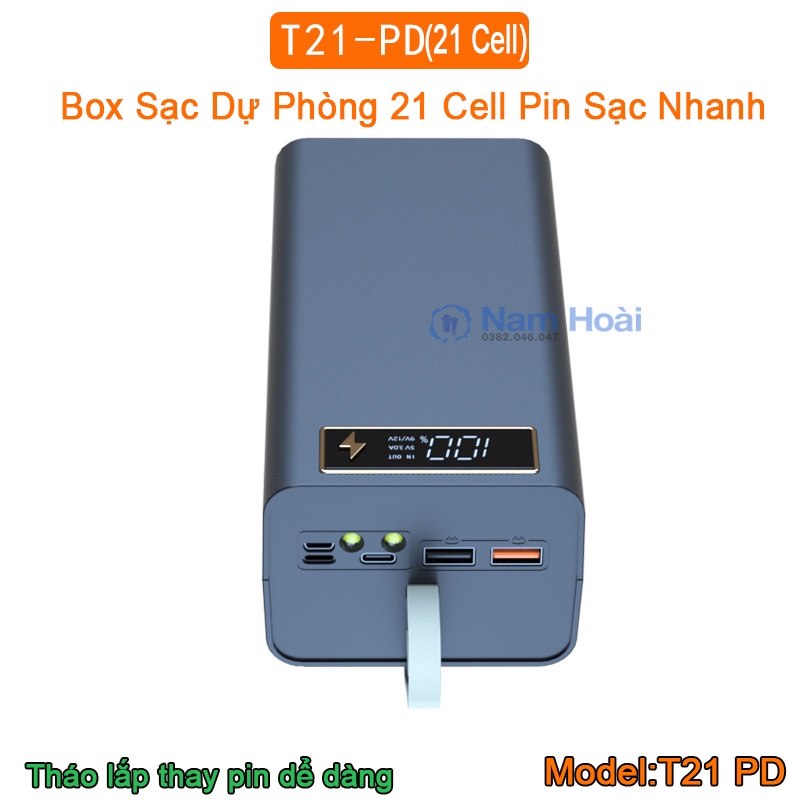 Box sạc dự phòng 21 cell pin T21 sạc nhanh QC,PD 3.0 , sạc nhanh không dây