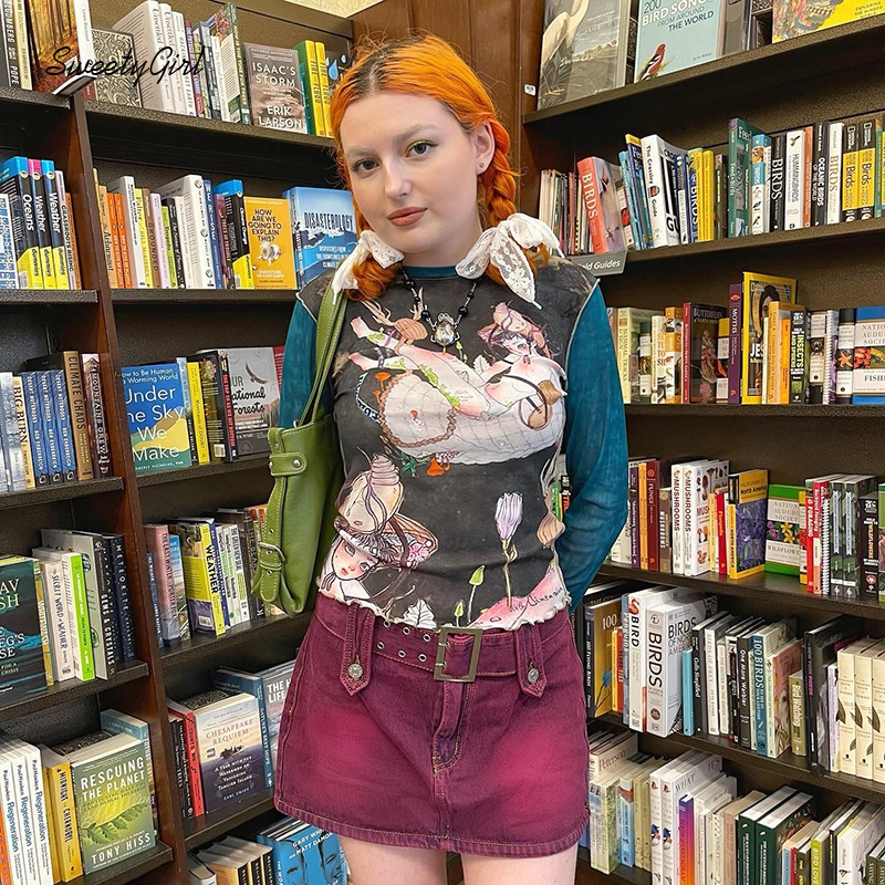 Áo Thun Tay Dài Cổ Tròn Ôm Eo In Họa Tiết Hoạt Hình Thời Trang 2022 Cho Nữ