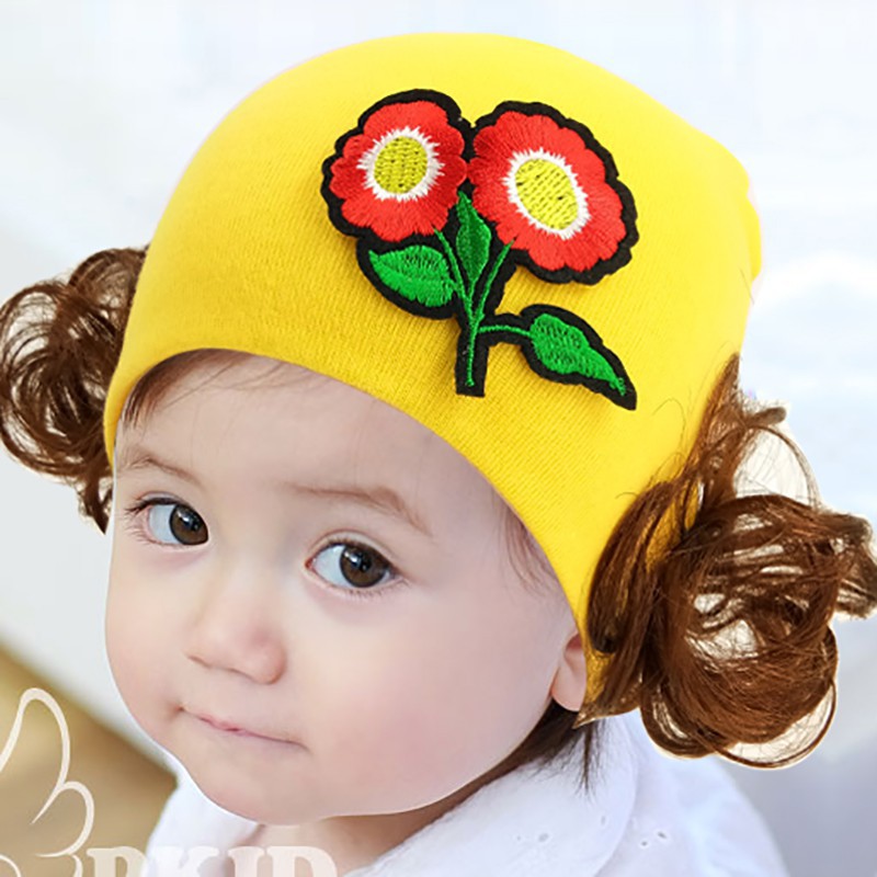Mũ trùm đầu phối tóc giả họa tiết hoa dễ thương cho bé gái