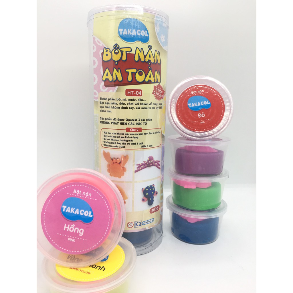 Đất nặn bột nặn TAKACOL  6 hũ màu 6 khuôn chơi trong hũ HT-04