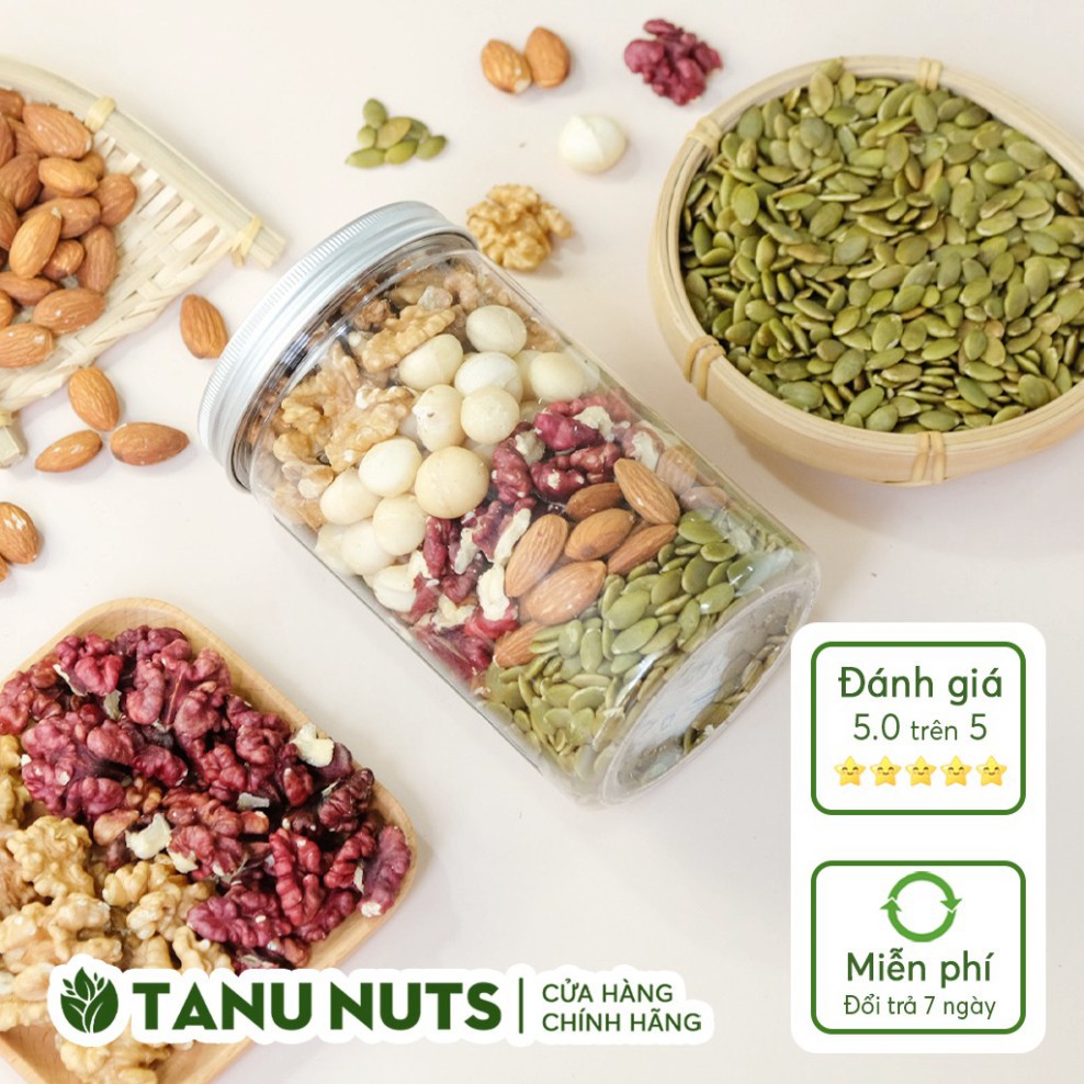 Hạt dinh dưỡng mix 5 loại TANU NUTS - 500gr Mixnuts (macca,óc chó vàng, óc chó đỏ, hạnh nhân, bí xanh) HTTH0908