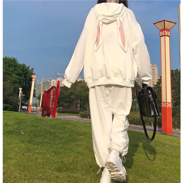 Áo Hoodie Dáng Rộng Đính Tai Thỏ Dễ Thương Cho Nữ