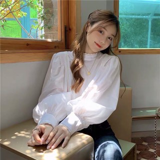 Áo sơ mi nữ vintage cổ tròn, sơ mi tay bồng tiểu thư phong cách Hàn Quốc, sơ mi nữ trắng kiểu bèo xinh
