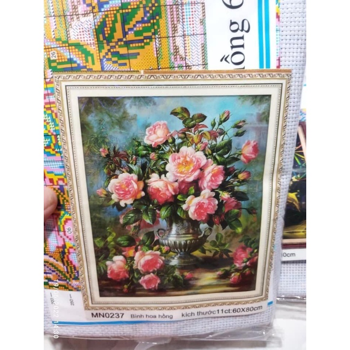Tranh thêu kín hoa hồng KT:60x80cm,tranh chưa thêu,tặng kéo và xỏ chỉ