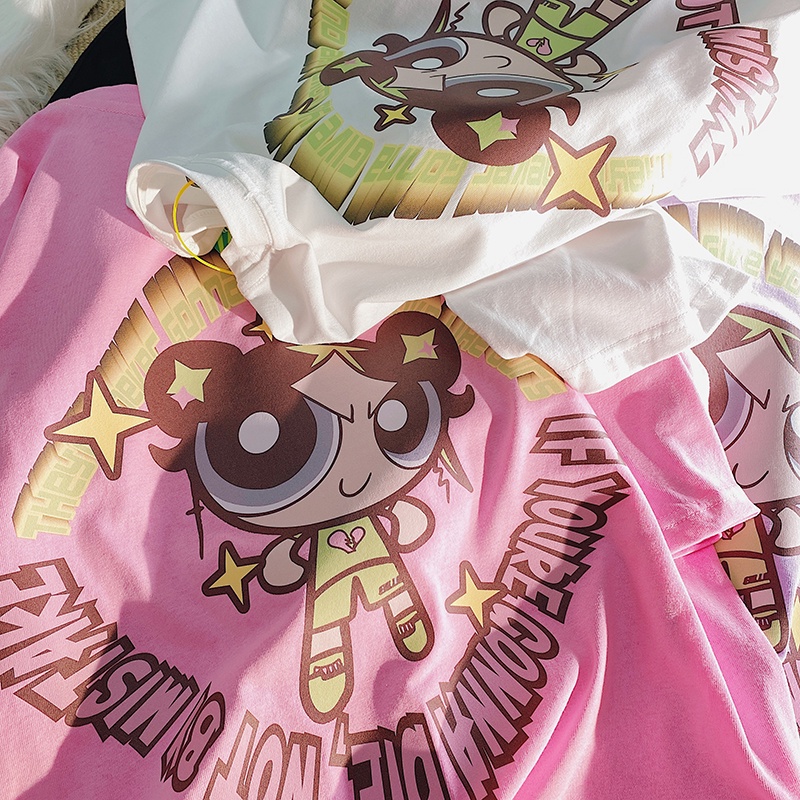 Áo thun Fashmily 100% cotton tay ngắn dáng suông in họa tiết hoạt hình phong cách harajuku Nhật Bản thời trang cho nữ