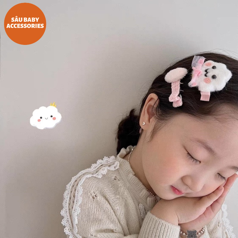 Sét 3 chiếc kẹp tóc vải dạ hồng đám mây xinh xắn cho bé
