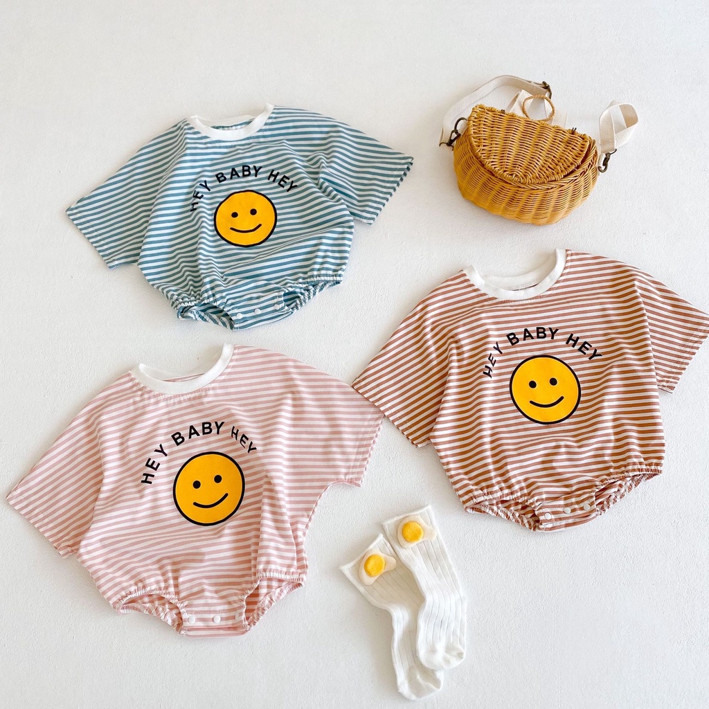 Bộ áo liền quần cotton mềm mại tay ngắn kẻ sọc ngang in họa tiết mặt cười mẫu 2021 xinh xắn dành cho bé gái