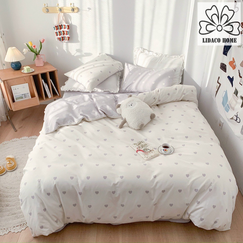 Bộ chăn ga gối cotton poly 2 mặt Lidaco decor phòng ngủ vintage - Tim xám trắng (SP001450)
