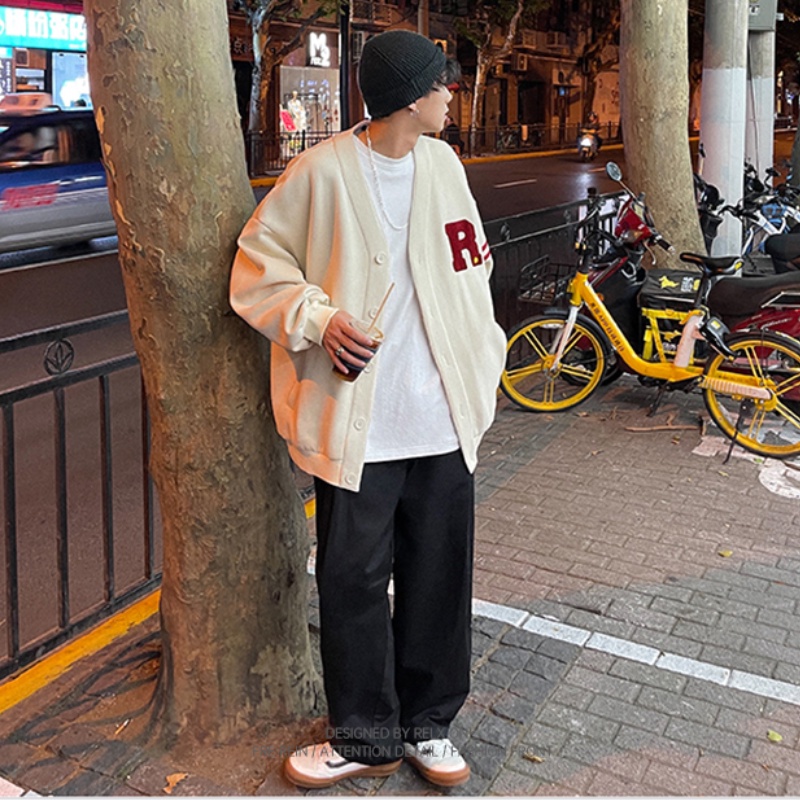 Áo Khoác Len Cardigan Cổ Chữ V Màu Trơn Thêu Chữ Phong Cách Retro Hàn Quốc Dành Cho Nam Size M-3XL 3XL