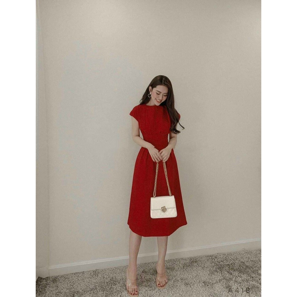 VÁY NỮ MIDI XÒE – ĐẦM ĐI TIỆC NUDE ĐỎ ÔM EO – GD092