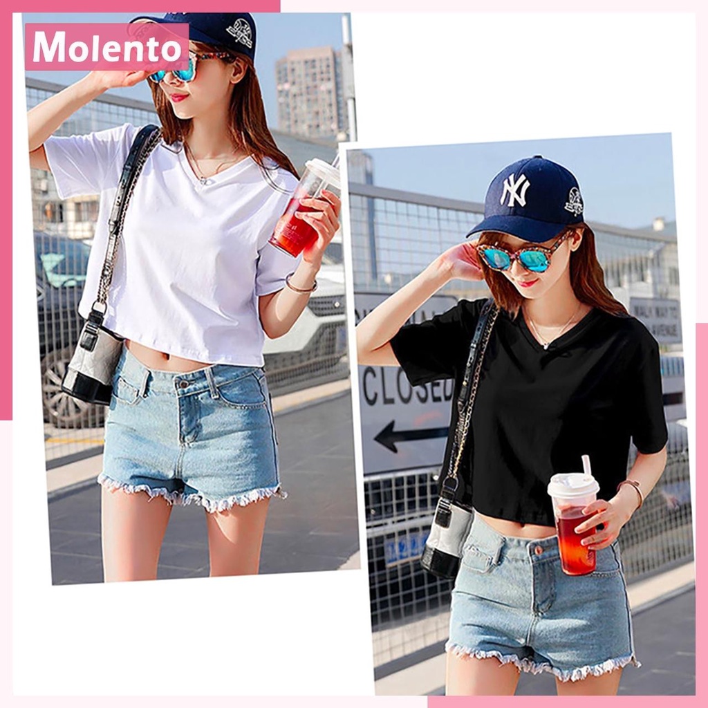 Áo Croptop Nữ Cổ Tim Tay Ngắn Molento Thun Cotton Co Giãn 4 Chiều Form Rộng Nhiều Màu Sắc - M57