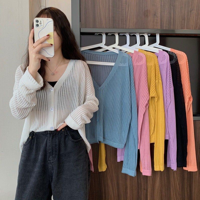 Áo cardigan dệt kim mỏng màu trơn tay dài cổ chữ v thời trang xuân hè phong cách gợi cảm cho nữ