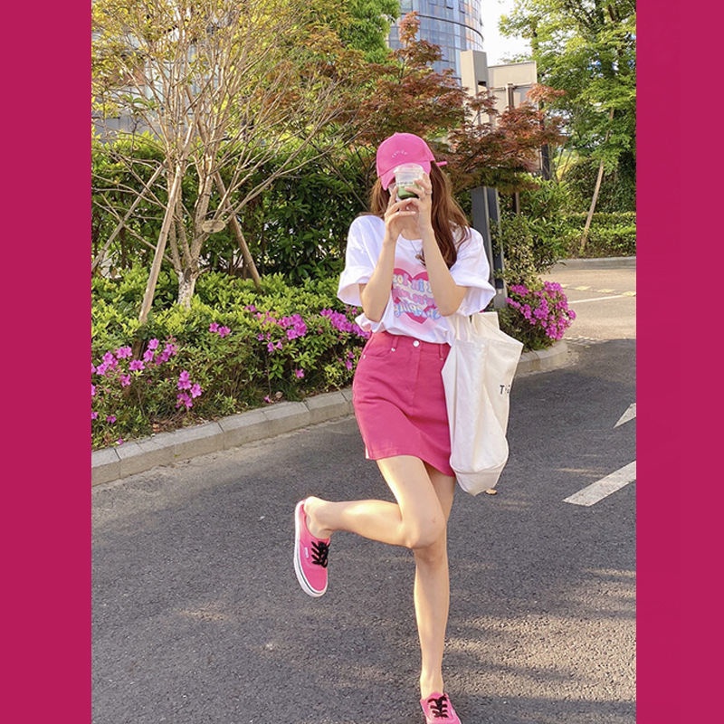 Set Áo Thun Tay Ngắn In Hình Gia Vị Dễ Thương + Chân váy jean Cho Nữ