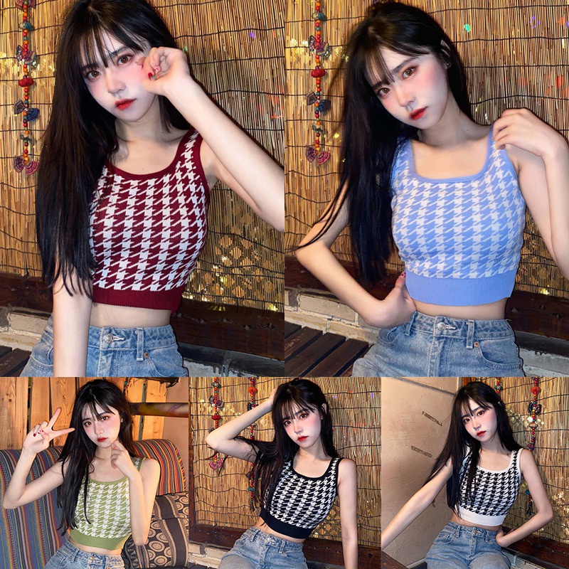 Áo Croptop Dệt Kim Sát Nách Cổ Vuông In Họa Tiết Thời Trang Hàn Quốc Cho Nữ