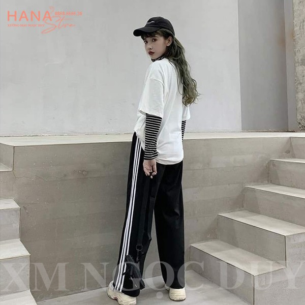 Quần thể thao 3 sọc nữ ống rộng viền kẻ sọc trắng có dây rút kéo - Quần thể thao ống rộng nữ chất vải Umi đi học thể dục