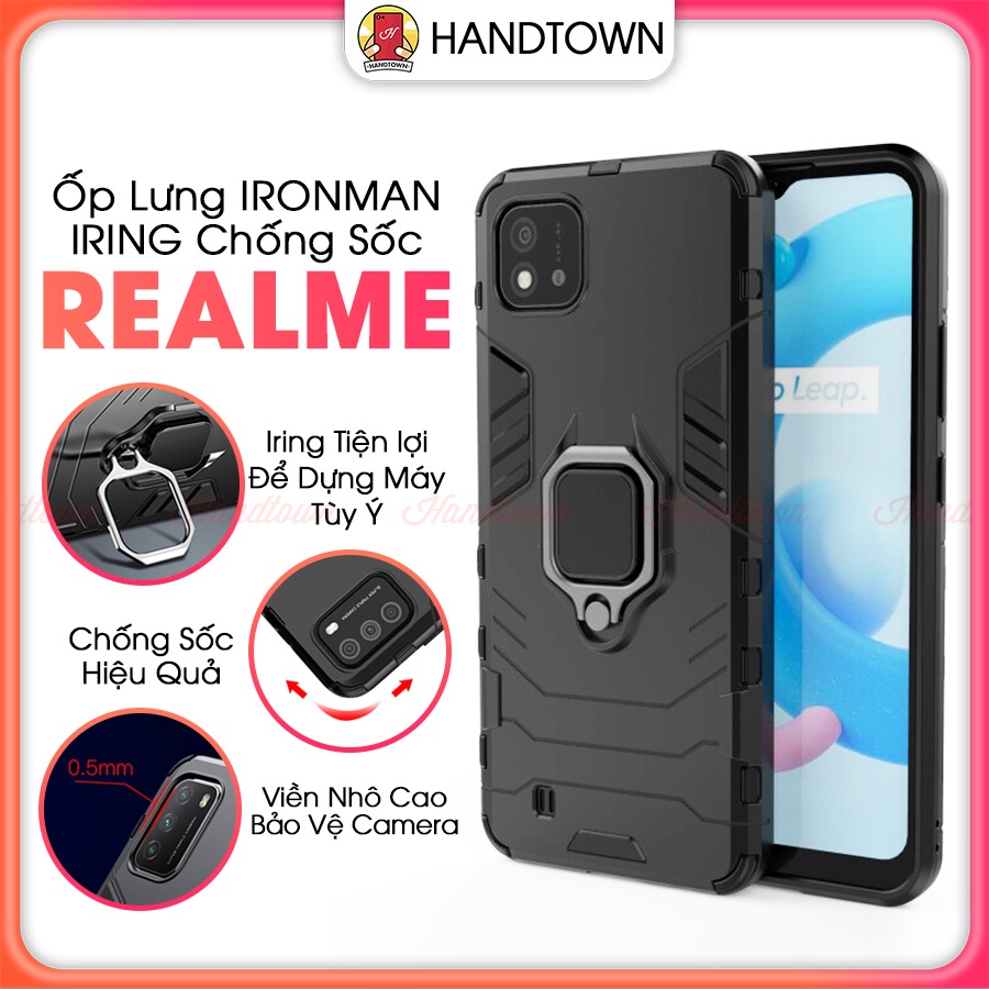 Ốp Lưng Realme C21Y C11 2021 C20 C20A C15 C12 5 Pro Q 2020 Ironman Đen Kèm Iring Chống Sốc Chống Nước Cao Cấp Handtown