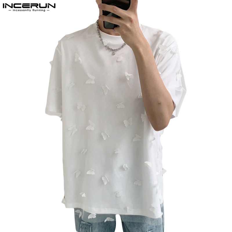Áo thun INCERUN tay ngắn giả hai lớp màu trơn họa tiết bướm dành cho nam giới
