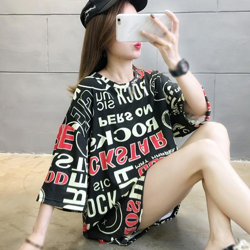 Áo tay ngắn Ngắn Tay In Chữ Dáng Rộng Cho Nữ