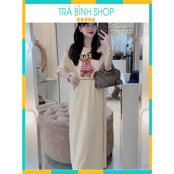 Đầm Suông Nữ Chất Cotton In Họa Tiết Váy Ngắn Tay Hình Gấu Bông 2 Màu Thoáng Mát