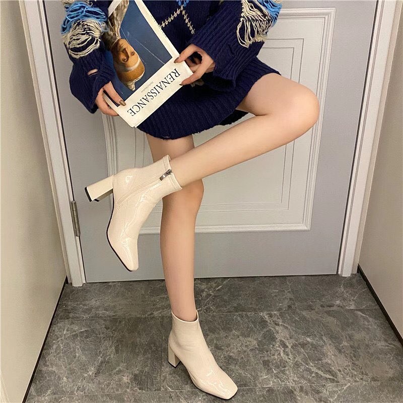 BEESHOES - GIÀY BOOT NỮ MŨI VUÔNG TRƠN GÓT TRỤ - GIÀY BỐT NỮ MŨI VUÔNG GÓT TRỤ CAO 7 PHÂN SẴN MÀU ĐEN - KEM - NÂU