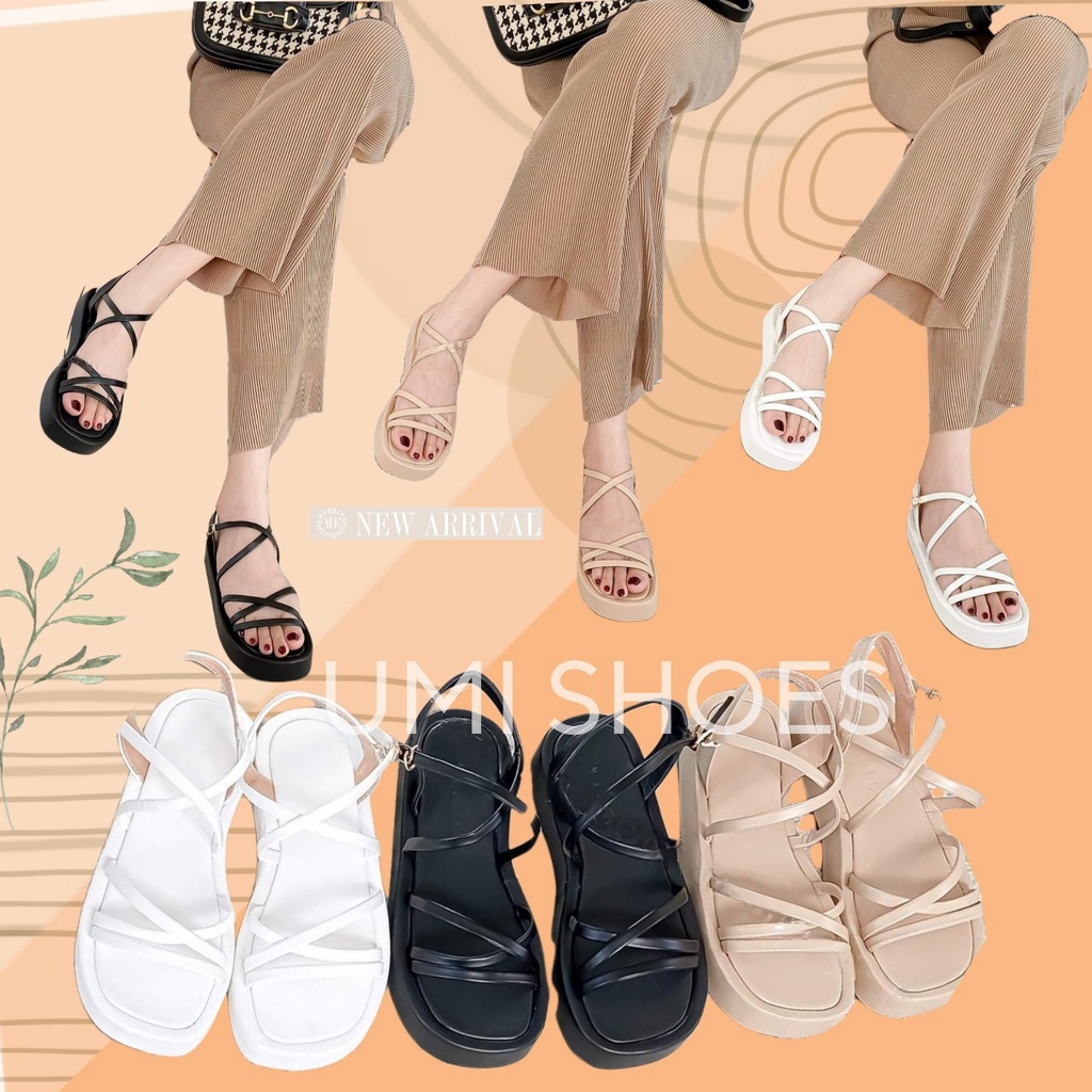 GIày Xăng Đan XI Quai Hậu Nữ Đế Bằng Cao 3cm Quai Mảnh Chéo Mũi Vuông hot trend mới đi chơi đi biển xinh đẹp
