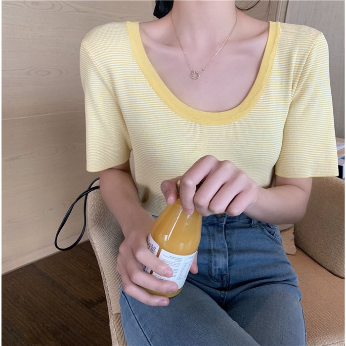 Áo ZHELIHANGFEI dệt kim tay ngắn cổ chữ U họa tiết sọc thời trang mùa hè quyến rũ dành cho nữ