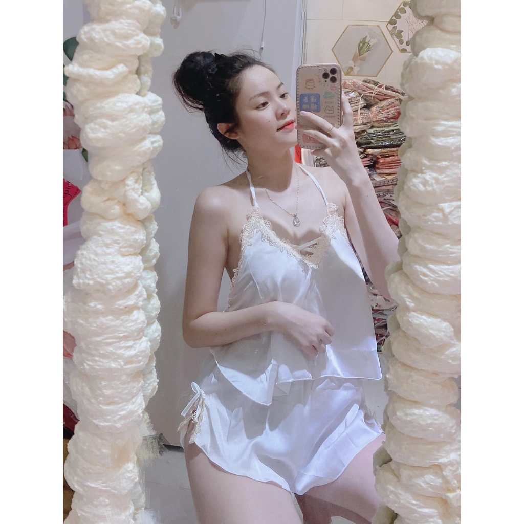 Set yếm ren hoa cho nữ mặc ngủ, áo phối ren siêu xinh, quần xẻ phối ren hai bên siêu gợi cảm