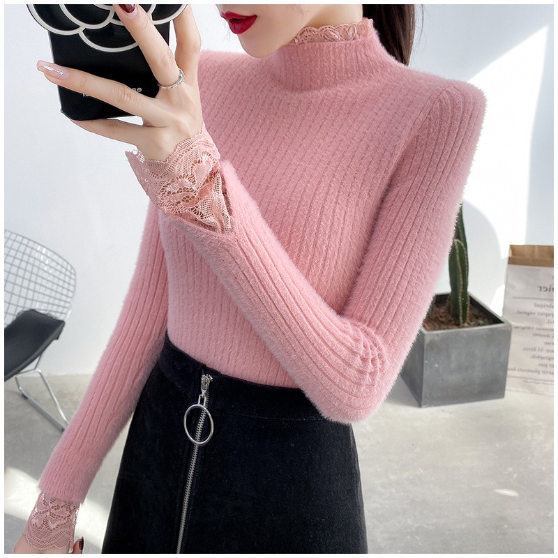 HÀNG NHẬP - ÁO LEN NỮ LÔNG MỀM CAO CỔ TAY PHỐI REN SIÊU XINH - DL57124 | BigBuy360 - bigbuy360.vn