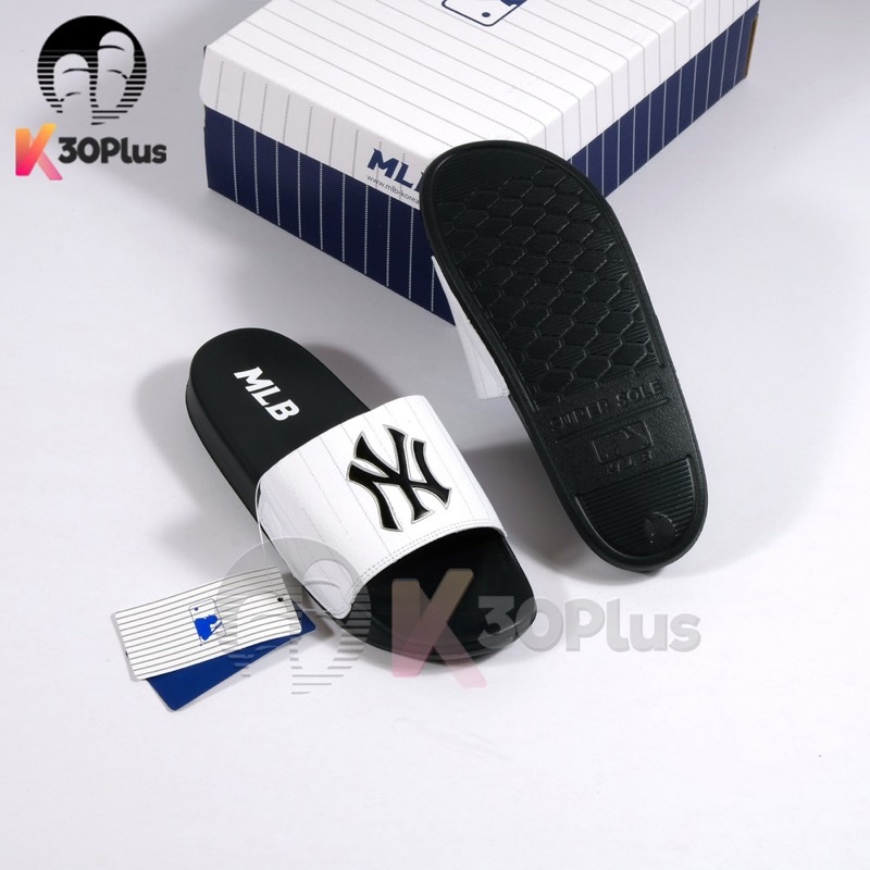 Dép MLB Quai Ngang logo Ny In trắng, đen