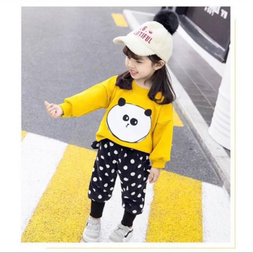 Bộ quần áo bé gái, bộ quần áo mặc thường ngày mùa thu gồm áo thun gấu và quần chấm bi cho bé gái 8 đến 20 kg SAN5