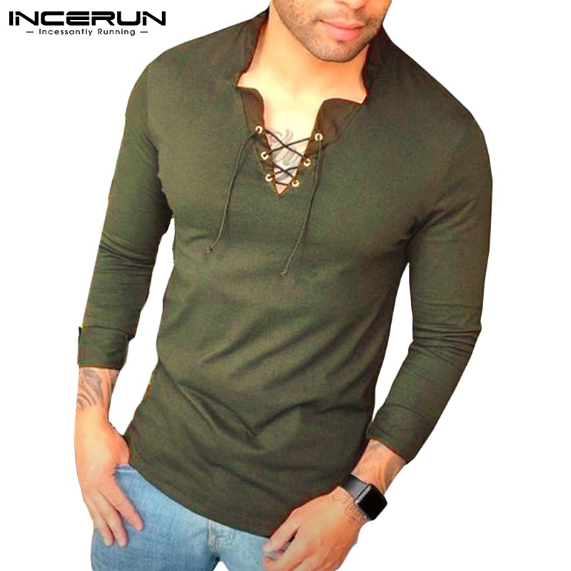 Áo thun Incerun dài tay cổ chữ V phối dây buộc 3 màu cá tính dành cho nam