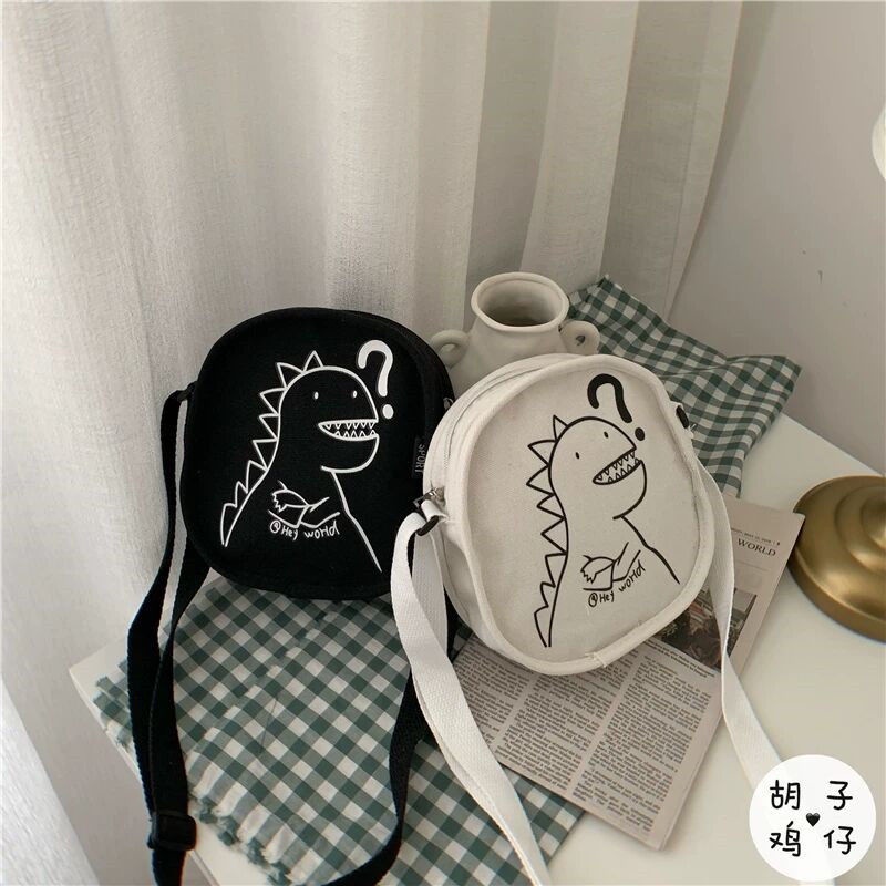Túi đeo vai vải canvas có gắn/ không gắn mặt khủng long nhỏ dễ thương cho bé gái