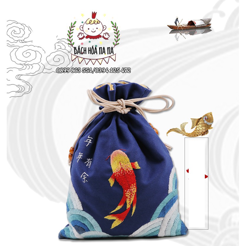 Kit tập thêu DIY - Túi Vải dây rút  họa tiết thêu tay hoa nhỏ hãng Cherish, handmade shop