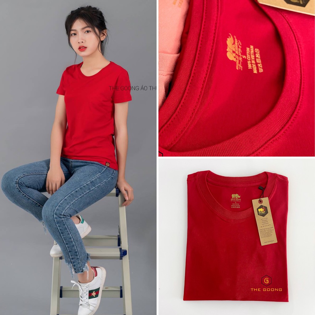 Áo Phông Trơn Nữ TheGoong Cổ Tròn, Áo Thun Nữ Basic Cotton Cao Cáp Hàng Hiệu Thoáng Mát Kháng Khuẩn Tay Ngắn Đỏ Tươi