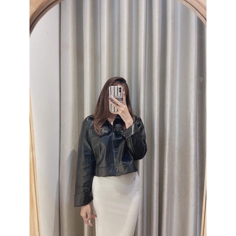 Áo croptop FREESHIP Áo khoác da nữ croptop basic siêu ngầu với màu đen over size ulzzang siêu hot HOLA.STORE