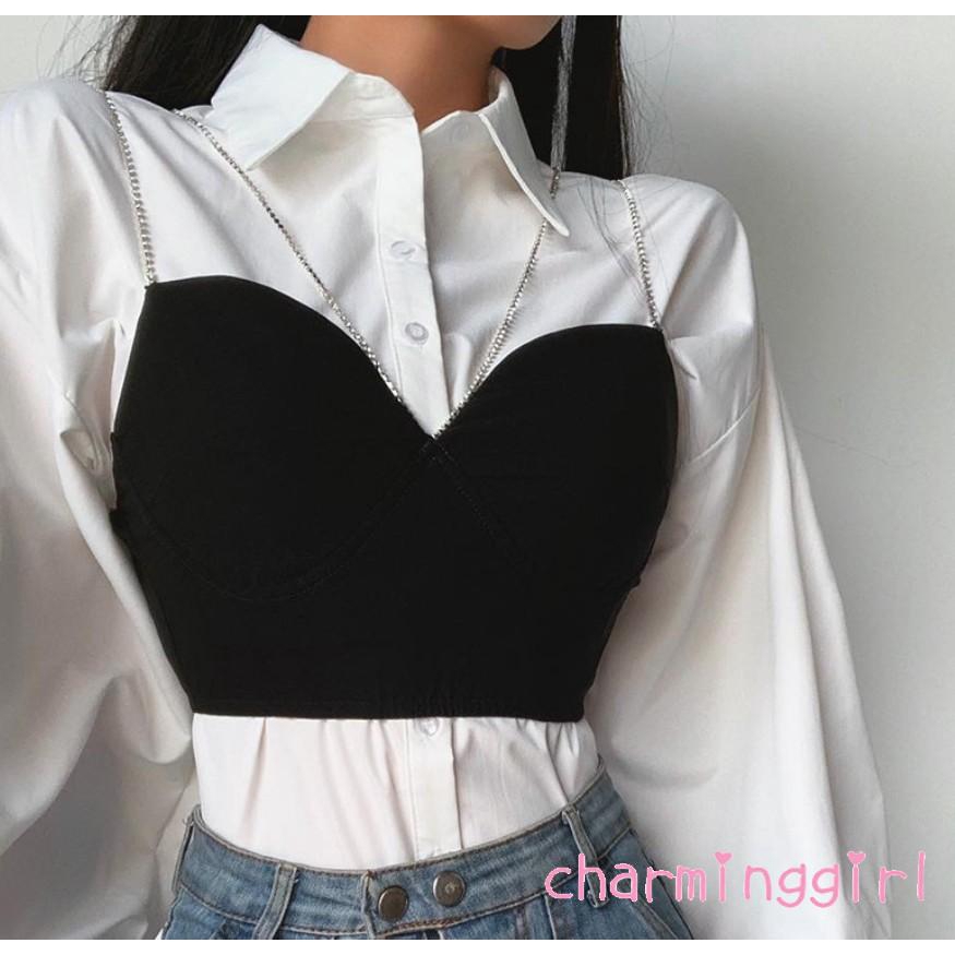 Áo hai dây màu trơn cổ V thời trang mùa hè