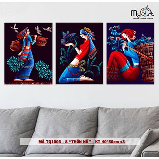Bộ tranh sơn dầu số hóa tự tô màu DIY 3 bức - Mã TQ1003S Thôn nữ cô gái dân tộc Tranh dân gian cổ điển Myart